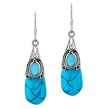 Genuine Turquoise Silver Plated Dangle Earrings-Variety of Styles